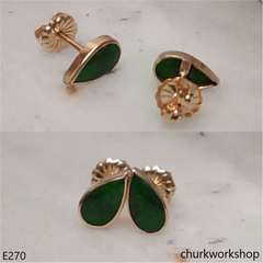 Green jade ear studs 14K yellow gold