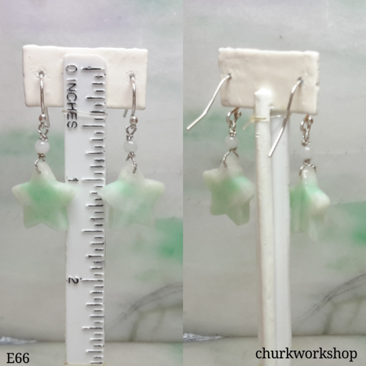 Reserved Light green star dangling jade silver earrings