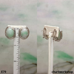 Light green jade cabochon 14K white gold ear studs