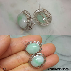 Light green jade cabochon 14K white gold ear studs