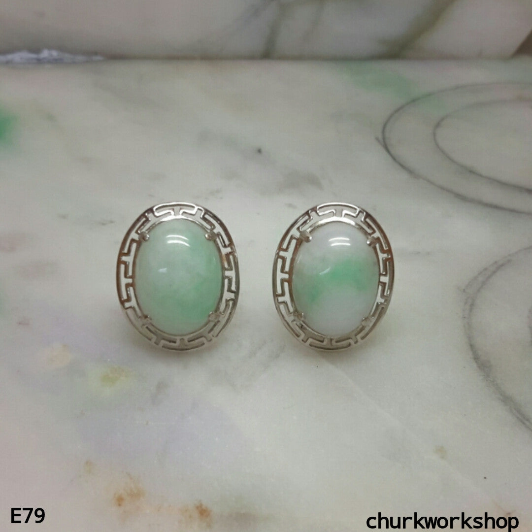 Light green jade cabochon 14K white gold ear studs