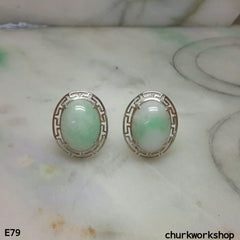 Light green jade cabochon 14K white gold ear studs