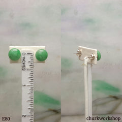 Green round half ball jade silver ear studs