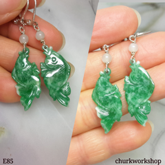 Green jade fishes earrings, dangling jade earrings