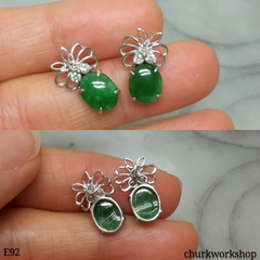 14K Oily green jade cabochon ear studs