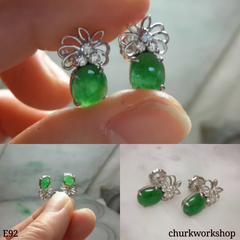 14K Oily green jade cabochon ear studs