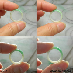 White & green jade band pinkie ring, unisex jade bend