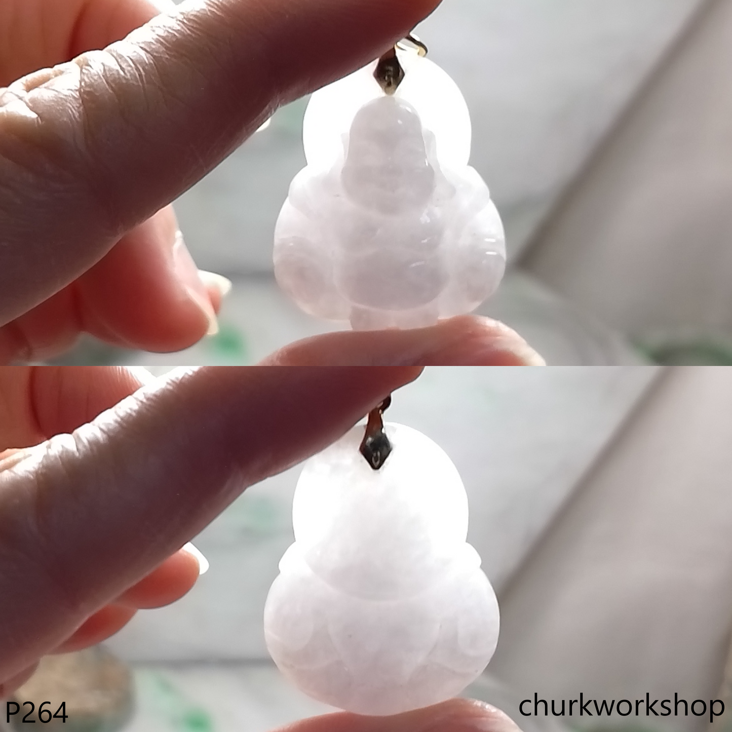 Pale lavender jade happy Buddha 14K
