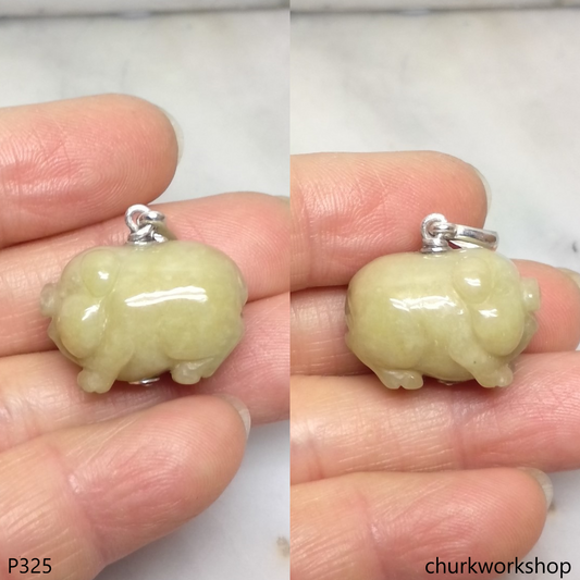 Yellow jade pig pendant with silver bail