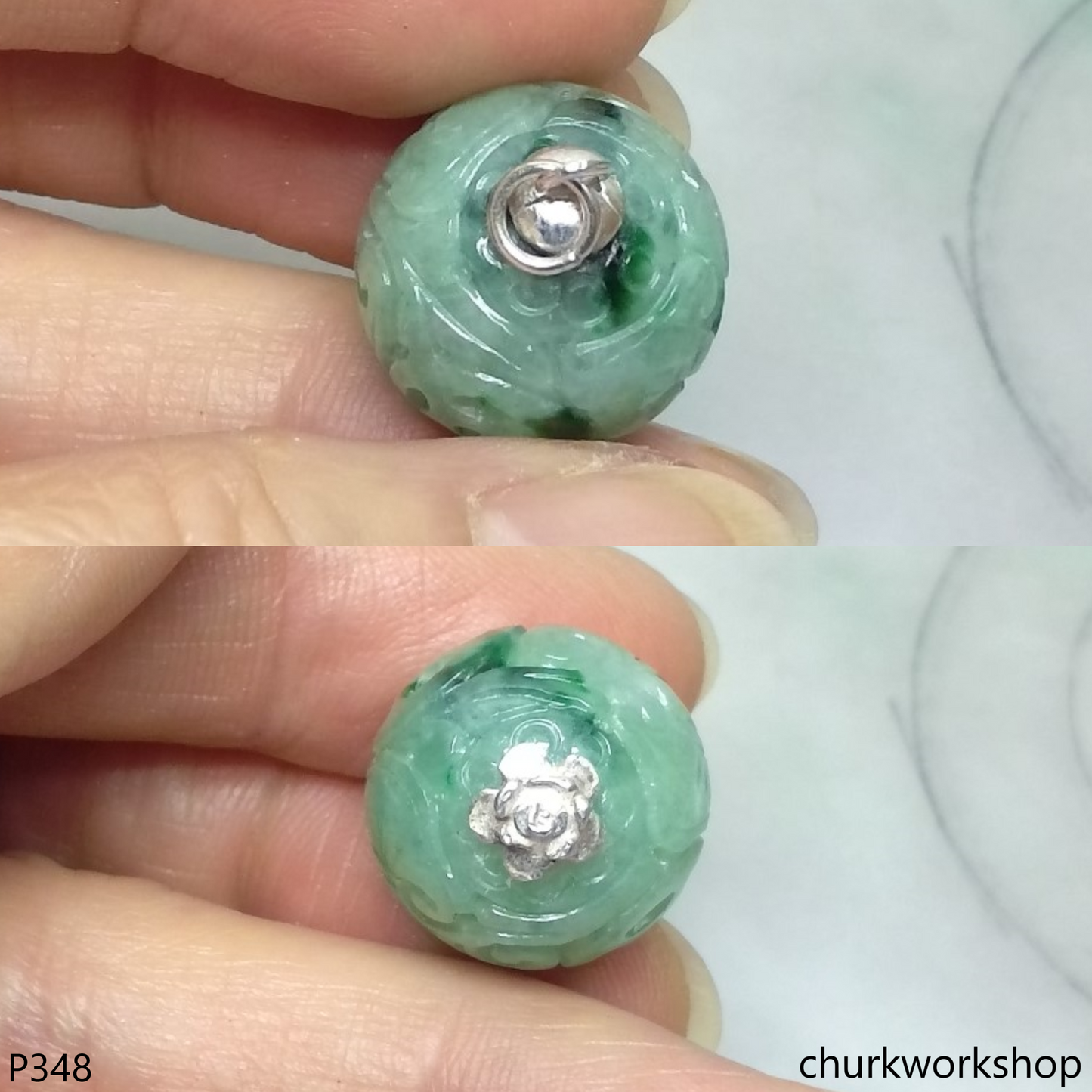 Light green carved jade bead pendant