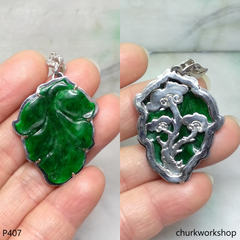 Deep green jade leaf pendant in 14k white gold