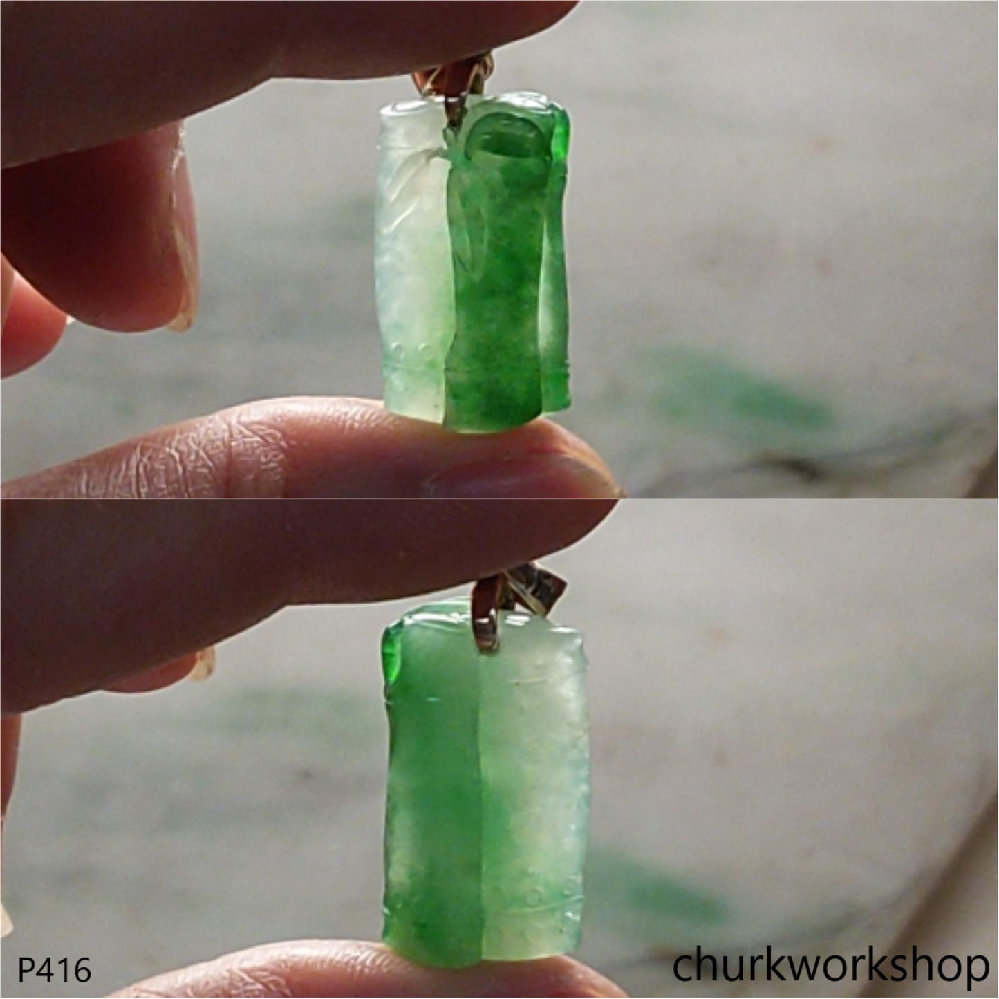 14K gold green jade bamboo pendant