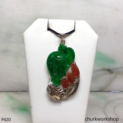 Reserved Deep green jade bird pendant in 14k gold