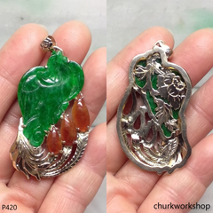 Reserved Deep green jade bird pendant in 14k gold