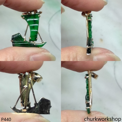 Deep green jade sail boat pendant in 14k yellow gold