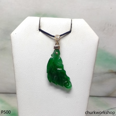 Green jade leaf pendant set in 14K yellow gold