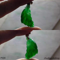Green jade leaf pendant set in 14K yellow gold
