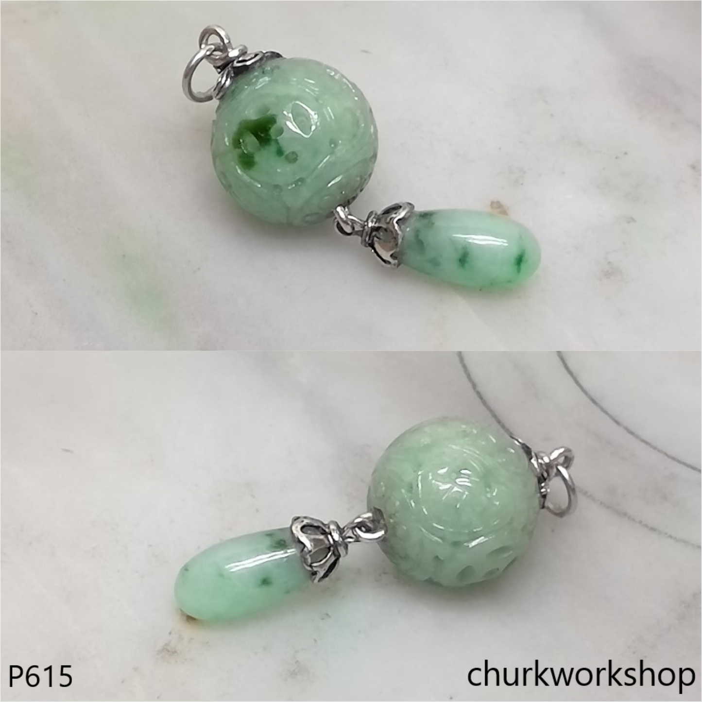 Light green carved jade bead pendant