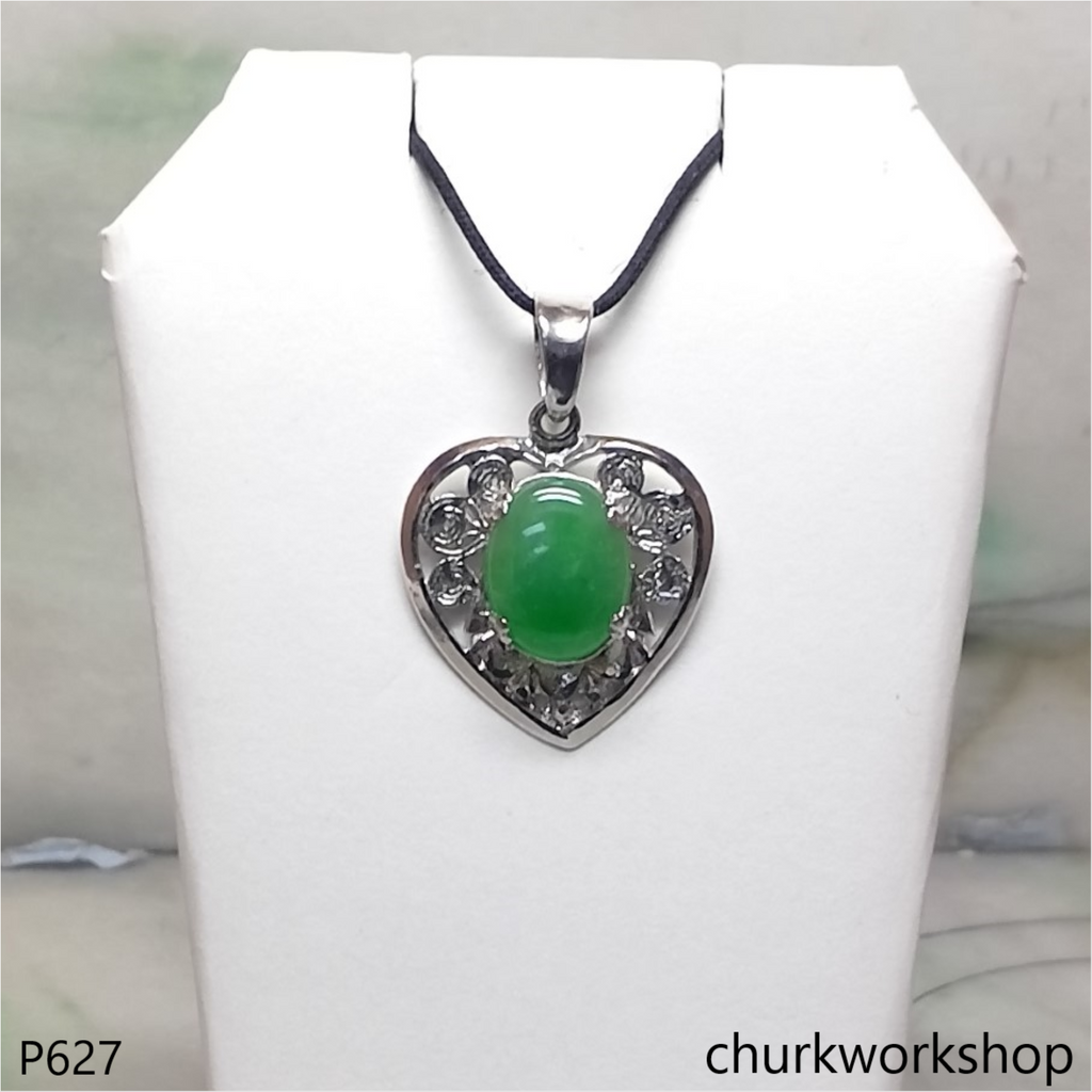 Green jade cabochon 24K white gold pendant
