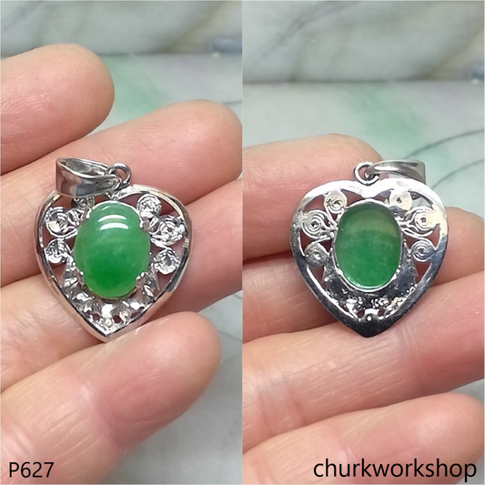 Green jade cabochon 24K white gold pendant