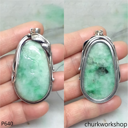 Large green jade silver pendant