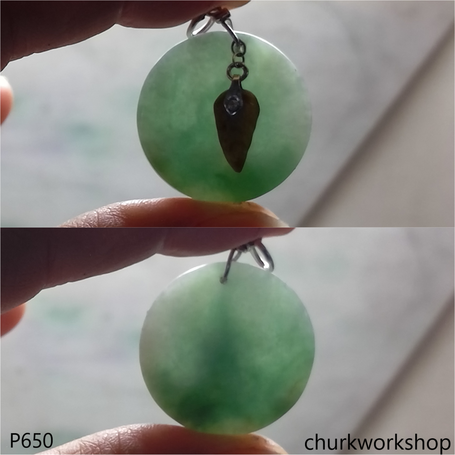 Light green round jade with dangling red leaf pendant
