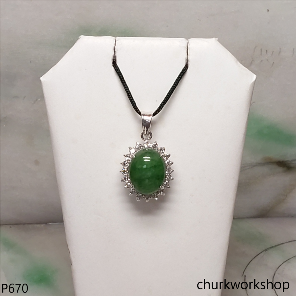 14K white gold jade oval pendant