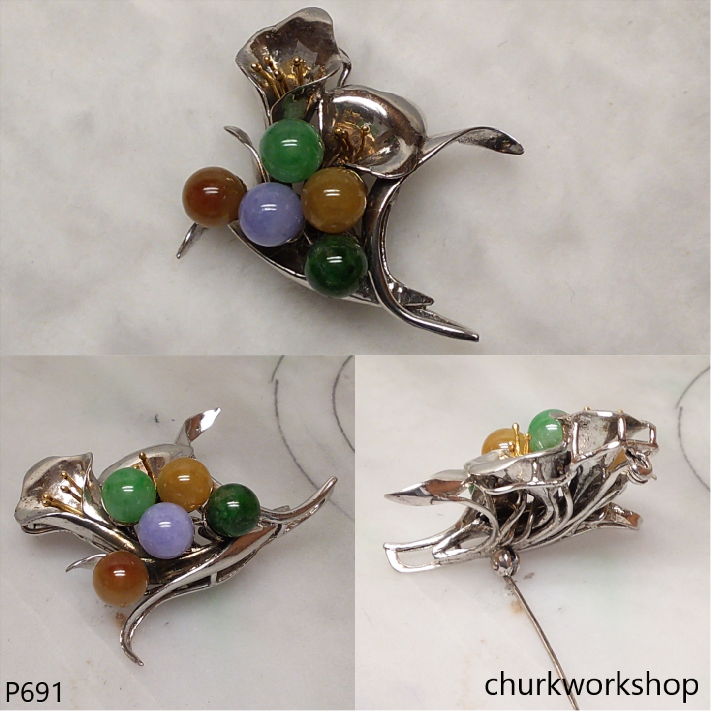 Multi-color jade beads brooch