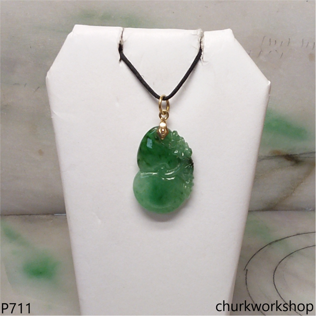 Green jade gourd pendant 14K gold bail