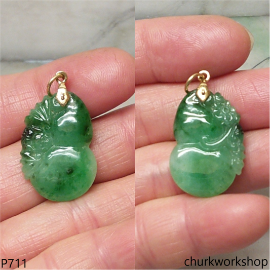 Green jade gourd pendant 14K gold bail