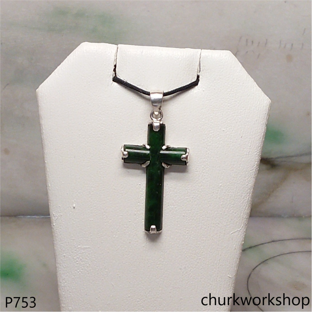 Sterling silver dark green jade cross pendant