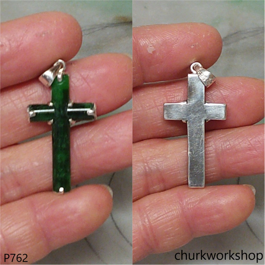 Sterling silver dark green jade cross pendant