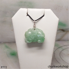 Green jade elephant pendant with silver bail
