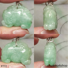 Green jade elephant pendant with silver bail