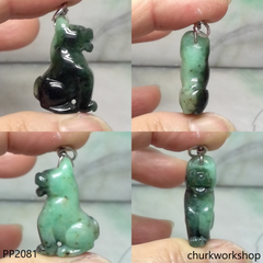 Green jade dog pendant with silver bail