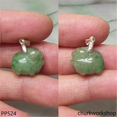 Green small jade pig pendant with silver bail