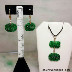 Green jade earring, pendant set 14k gold filled