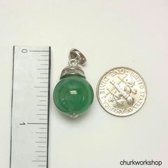 Green jade bead pendant 14k white gold with baguette diamond