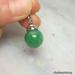Green jade bead pendant 14k white gold with baguette diamond
