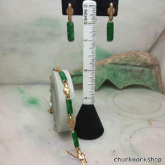 Green jade earrings, bracelet set 14k yellow gold