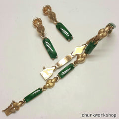 Green jade earrings, bracelet set 14k yellow gold