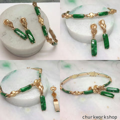 Green jade earrings, bracelet set 14k yellow gold