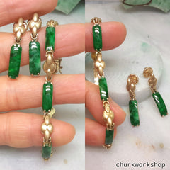 Green jade earrings, bracelet set 14k yellow gold