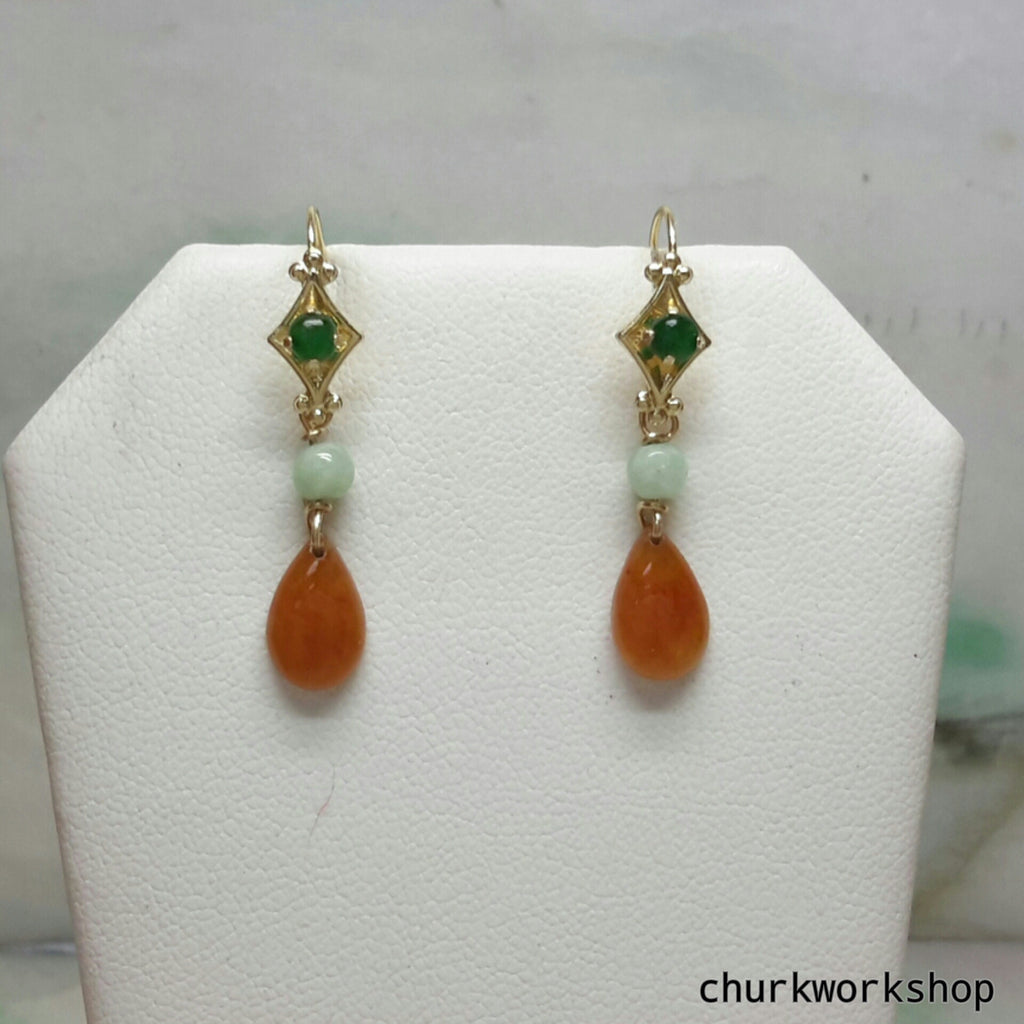Jade earrings, dangling jade earrings, red jade earrings, 14K jade earrings, jade earrings