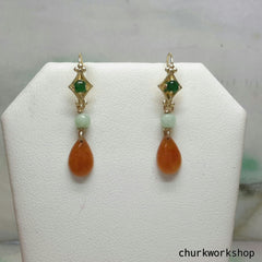 Jade earrings, dangling jade earrings, red jade earrings, 14K jade earrings, jade earrings