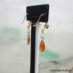 Jade earrings, dangling jade earrings, red jade earrings, 14K jade earrings, jade earrings