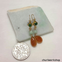 Jade earrings, dangling jade earrings, red jade earrings, 14K jade earrings, jade earrings