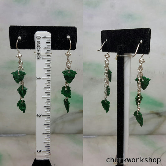 Dark green jade leaves silver earrings