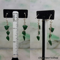 Dark green jade leaves silver earrings