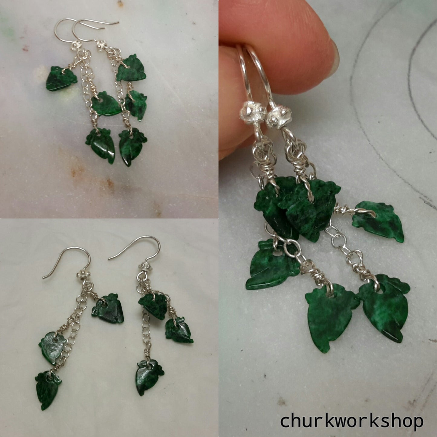 Dark green jade leaves silver earrings